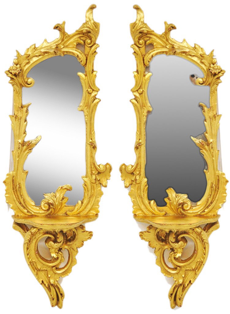 A PAIR OF ITALIAN BAROQUE WALL MIRRORS WITH SCONCE: A PAIR OF ITALIAN BAROQUE WALL MIRRORS WITH SCONCE IN GILT FINISH Hand carved wood frames with leaf gilding. 31 x 12 x 6 inches