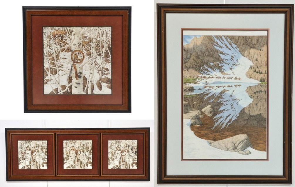 THREE BEV DOOLITTLE PRINTS;: THREE BEV DOOLITTLE PRINTS; "Two Indian Horses, Three more for breakfast, and Eagle with Indian Tribe" Largest: 27½ x 18 inches