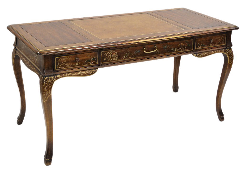 A CHINOISERIE STYLE DESK BY DREXEL HERITAGE: A CHINOISERIE STYLE DESK BY DREXEL HERITAGE From the "Et Cetera" collection. Inset tooled leather writing surface, the body is supported on cabriole legs with a flared apron having chinoiserie style g