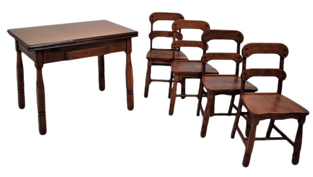 KITCHEN TABLE AND FOUR CHAIRS: A MID CENTURY MAPLE LEAF DRAW LEAF DINETTE TABLE AND FOUR CHAIRS Table: 31 x 40 x 25 inches Chair:33½ x 17 16½ inches