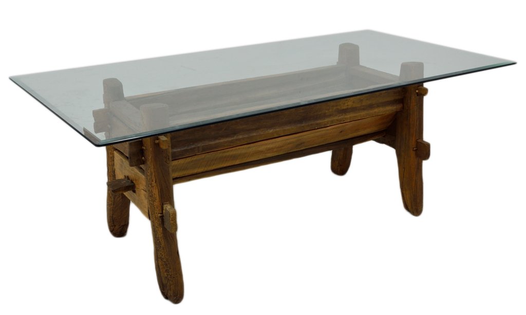 ANTIQUE HORSE TROUGH TABLE WITH GLASS TOP: ANTIQUE HORSE TROUGH TABLE WITH GLASS TOP This unique piece created from an actual antique wooden horse trough. Originally hand crafted in place using mortise and tenon construction techniques with do