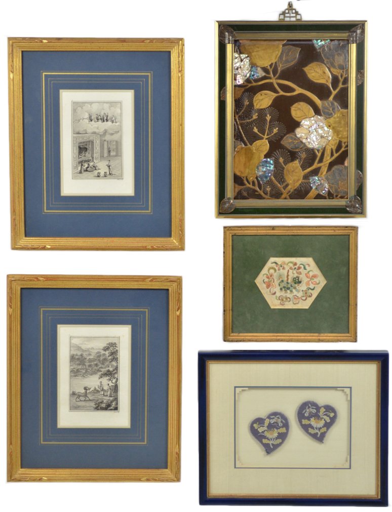 A FIVE PIECE GROUP OF FRAMED ANTIQUE ASIAN DECORATI: A FIVE PIECE GROUP OF FRAMED ANTIQUE ASIAN DECORATIVE ARTS A pair of 19th century engravings in matching frames with french mats. An intricately inlaid panel of various woods with mother of pearl. A s