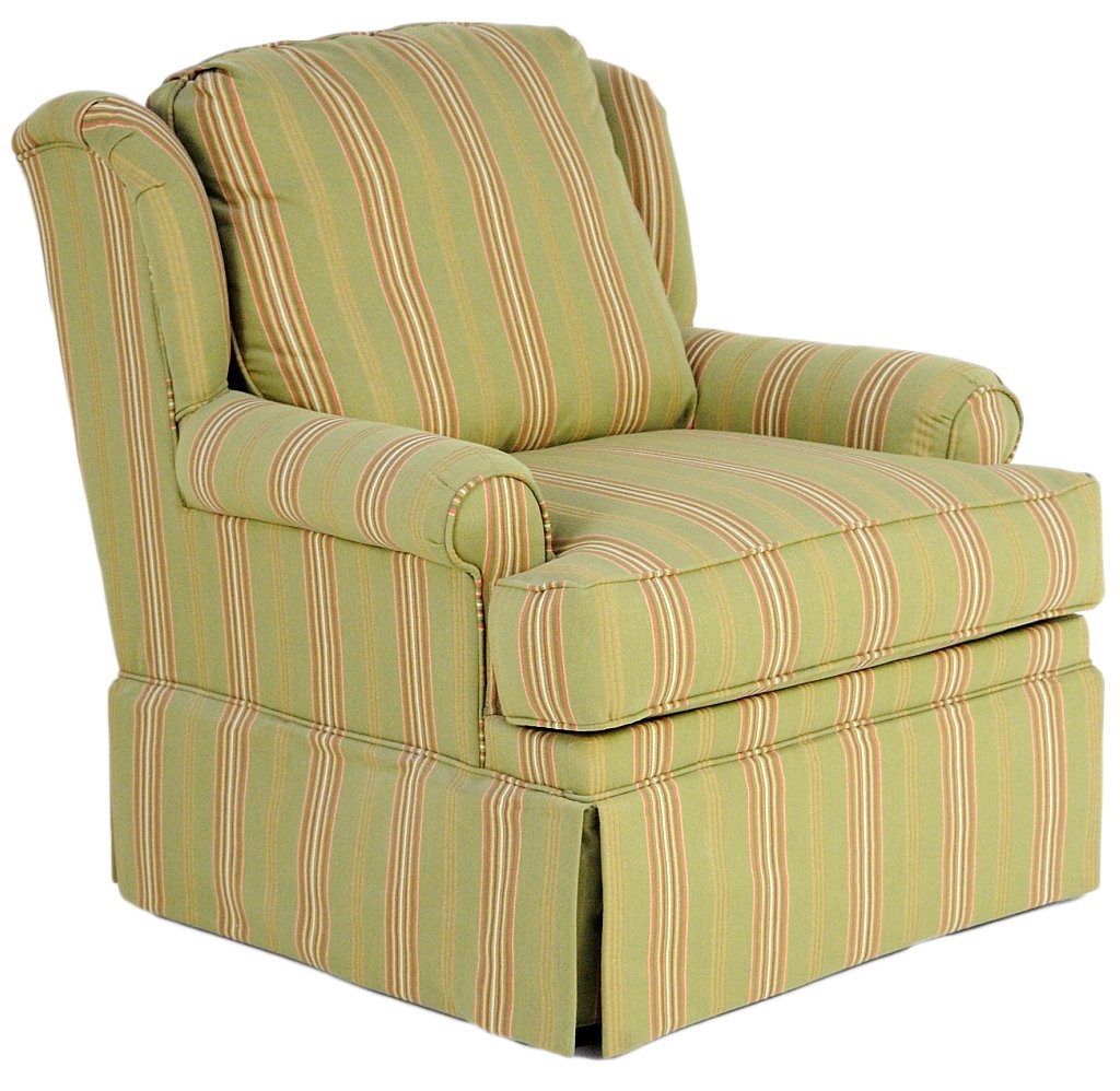 UPHOLSTERED CLUB CHAIR: UPHOLSTERED CLUB CHAIR Upholstered club chair by ROWE Furniture, USA, cotton blend fabric in green with red stripe. Condition; Good with no rips, tears, reapairs or stains. 38 x 34 x 31 inches