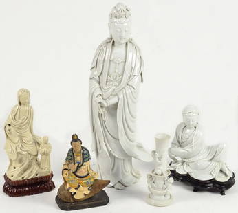 A GROUP OF FIVE PORCELAIN FIGURES REPRESENTING FERT: A GROUP OF FIVE PORCELAIN FIGURES REPRESENTING FERTILITY Three Blanc De Chin figurines of Guanyin in various poses. One color glazed clay. One biscuit vase with fat children climbing all about. 20½ x