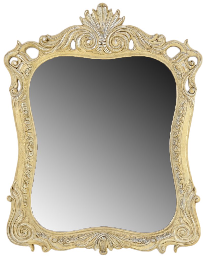 A LARGE HAND CARVED WOOD FRAME MIRROR: A LARGE HAND CARVED WOOD FRAME MIRROR The ornately carved wood frame mirror with scalloped and pierced edge with shell motif is finished in a cream crackle paint with silver accents. Matches chest Lot