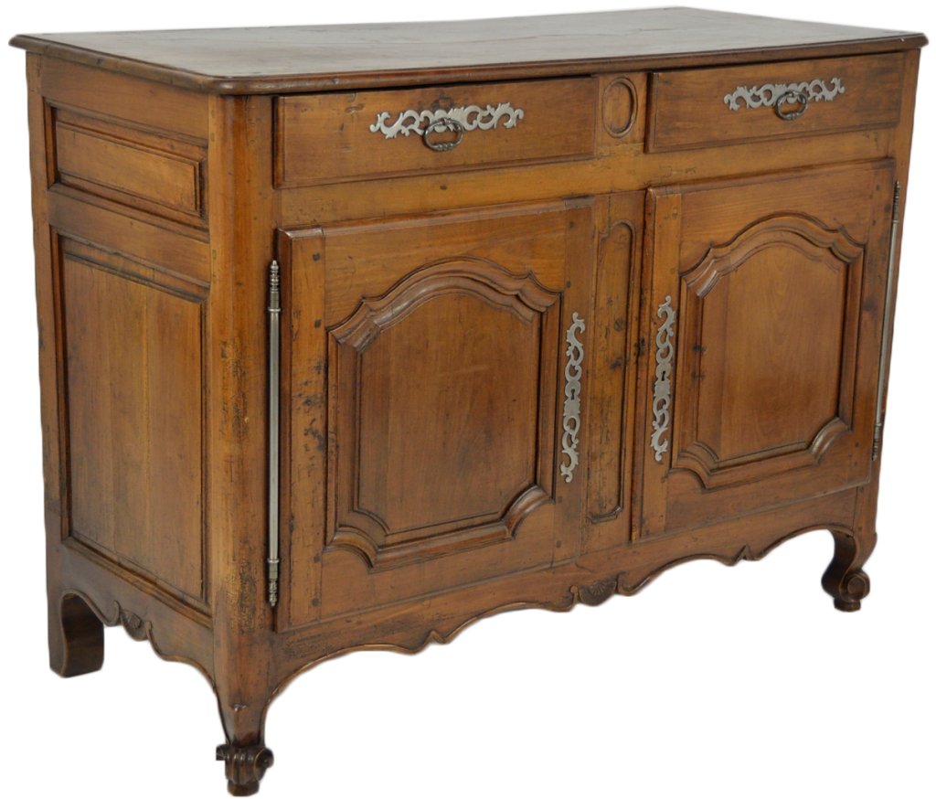 AN 18TH CENTURY LOUIS XV STYLE WALNUT BUFFET: AN 18TH CENTURY LOUIS XV STYLE WALNUT BUFFET Raised panel doors with two drawers above supported on a scrolled apron with cabriole foot. Good iron hardware accents this piece. 41 x 56 x 25½ inches