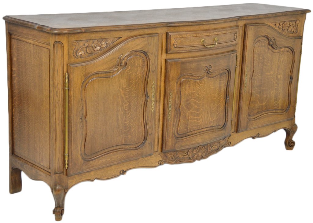 LOUIS XV STYLE OAK BUFFET ENFILADE: LOUIS XV STYLE OAK BUFFET ENFILADE 20TH Century with raised panels and carved accents. The top features a basket weave parquetry design. 39½ x 79½ x 21 inches