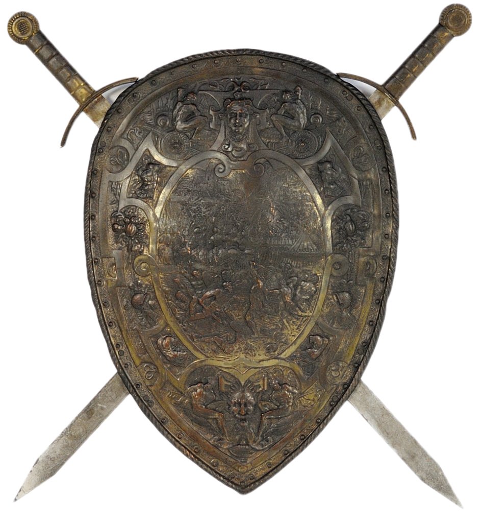 AN EMBOSSED COPPER SHIELD WITH TWO DECORATIVE SWOR: AN EMBOSSED COPPER SHIELD WITH TWO DECORATIVE SWORDS 1st quarter 20th century. The copper shield with old brass plate finish is embossed with a romanticized version of a Roman battle scene. The decora