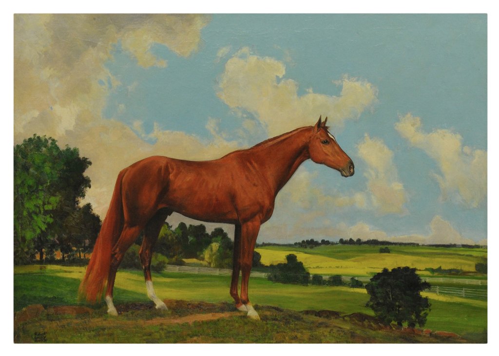 ROBERT WESLEY AMICK, American (1879-1969), "WHIRLAW: ROBERT WESLEY AMICK American (1879-1969) ""WHIRLAWAY"" Oil on canvas. Signed lower left Robert Wesley Amick. Whirlaway was a Kentucky Derby and triple crown winner. Craquelure throughout. 28 x 40 inch