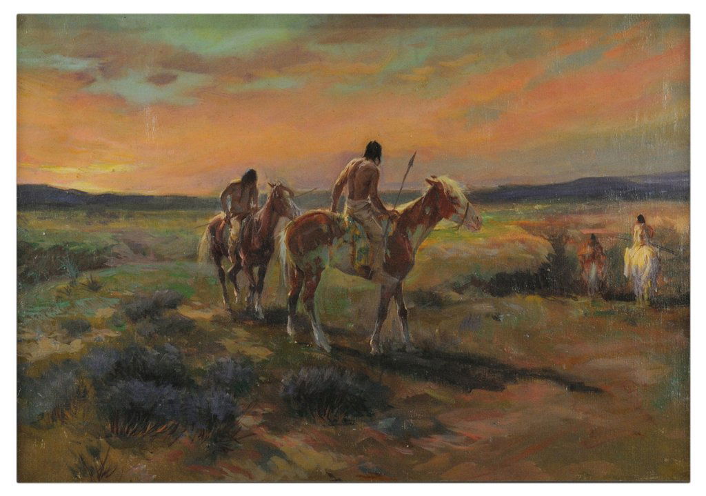 LAJOS MARKOS, Hungarian (1917-1993), "SPIRIT OF THE: LAJOS MARKOS Hungarian (1917-1993) ""SPIRIT OF THE PLAINS"" Oil on canvas. Unsigned. Small tear ¼ inch mid-center far right. Otherwise good condition. 94 x 59 inches (238.8 x 149.9 cm).