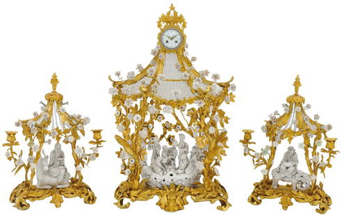 A FRENCH BRONZE DORE AND BLANC DE CHINE THREE PIEC: A FRENCH BRONZE DORE AND BLANC DE CHINE THREE PIECE CLOCK GARNITURE 19th Century Stamped 1855 Medaille d' Argent , Vicenti et Cie and ""4951"", ""51"". An enameled clock face with Arabic numbers sits