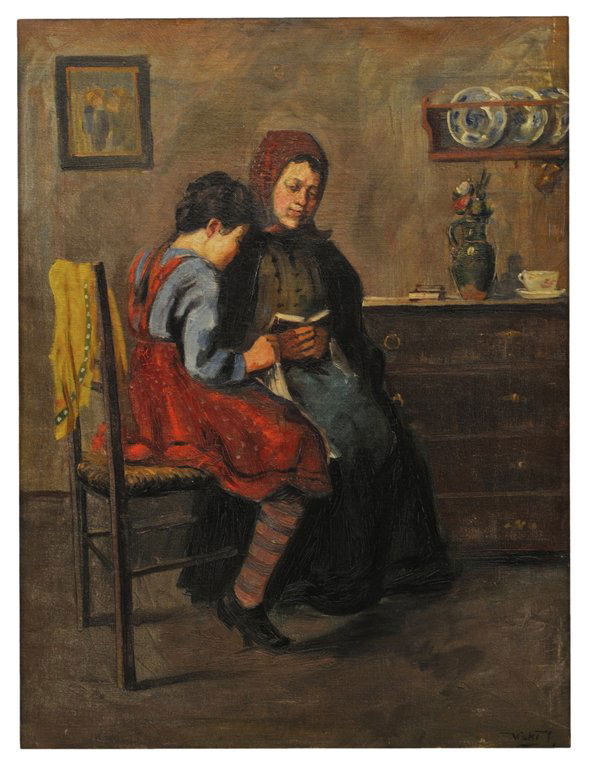JANOS VISKI, Hungarian (1891-1987), "MOTHER AND CH: JANOS VISKI Hungarian (1891-1987) ""MOTHER AND CHILD DOING LESSONS"" Oil on canvas. Signed lower right Viski J. Some age craquelure; overall good condition. 33½ x 26 inches (85.1 x 66 cm).