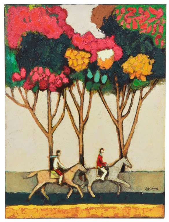 DAVID ADICKES, American 1927-, "TWO HORSEMEN COME: DAVID ADICKES American 1927- ""TWO HORSEMEN COME AUTUMN"" Signed lower right Adickes. Acrylic on board. Good condition. 48 x 36 inches (121.9 x 91.4 cm).