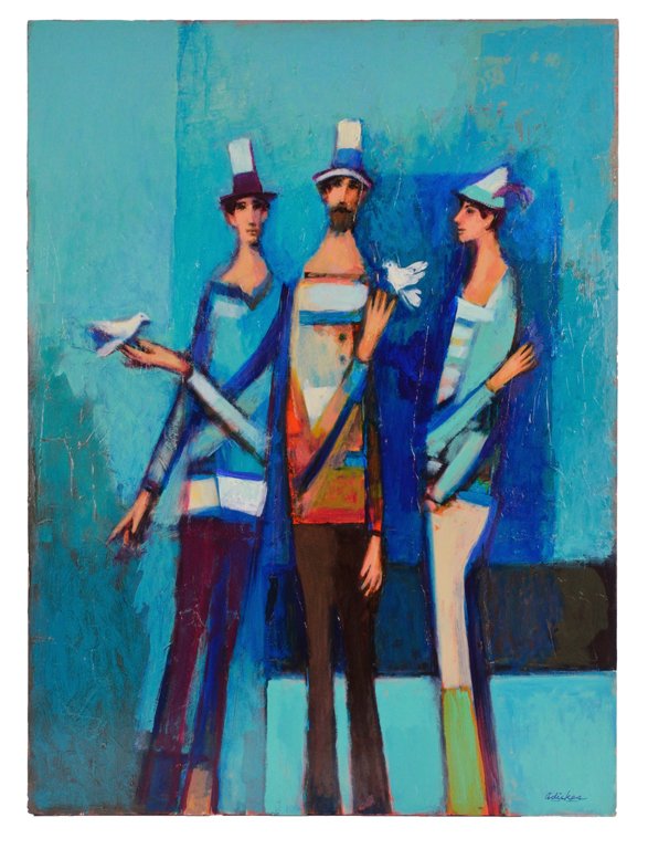 DAVID ADICKES, American 1927-, "BIRD LOVERS", Sign: DAVID ADICKES American 1927- ""BIRD LOVERS"" Signed lower right Adickes. Acrylic on board. Good condition. 40 x 30 inches (101.6 x 76.2 cm).