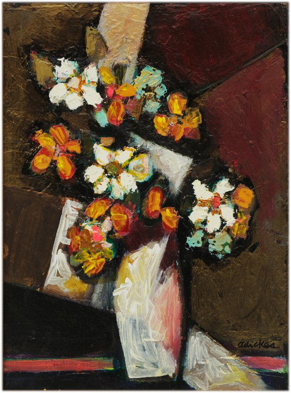 DAVID ADICKES, American 1927-, "BOUQUET IN YELLOW: DAVID ADICKES American 1927- ""BOUQUET IN YELLOW VASE"" Signed lower right Adickes. Oil on canvas, mounted on board. Good condition. 12 x 9 inches (30.5 x 22.9 cm).