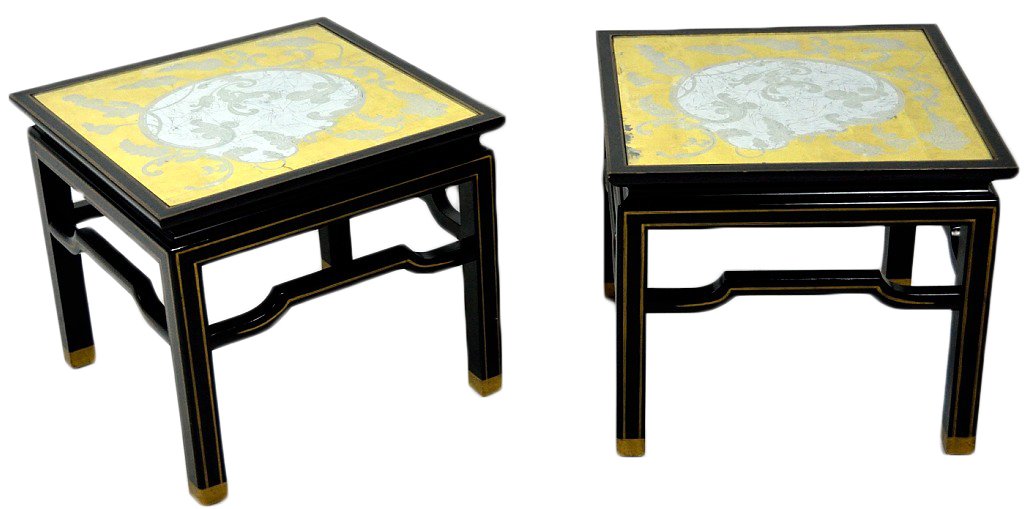 A PAIR OF ASIAN STYLE BAKER OCCAISIONAL TABLES: A PAIR OF ASIAN STYLE BAKER OCCAISIONAL TABLES 20th Century The square base frames having a black lacquer finish with gold line work, inset eglomese tops in gold and silver. 17 x 20 x 20 inches
