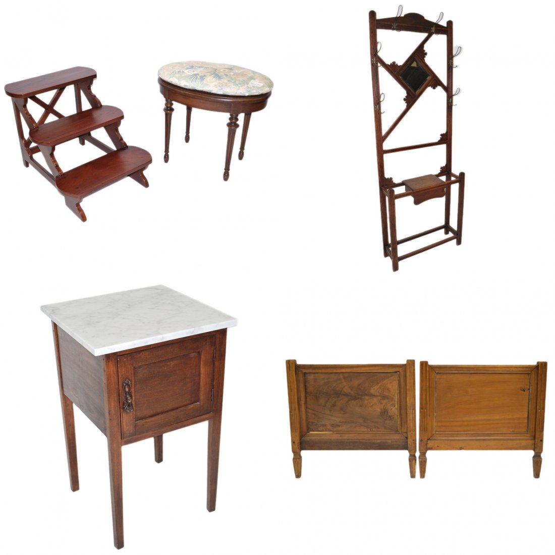 A FIVE PIECE LOT OF ACCENT FURNISHINGS: A FIVE PIECE LOT OF ACCENT FURNISHINGS The group includes a mahogany bed step and a Louis LXV stool with cushion, both 20th century. A walnut and marble top lamp table, an oak hall tree with mirror an