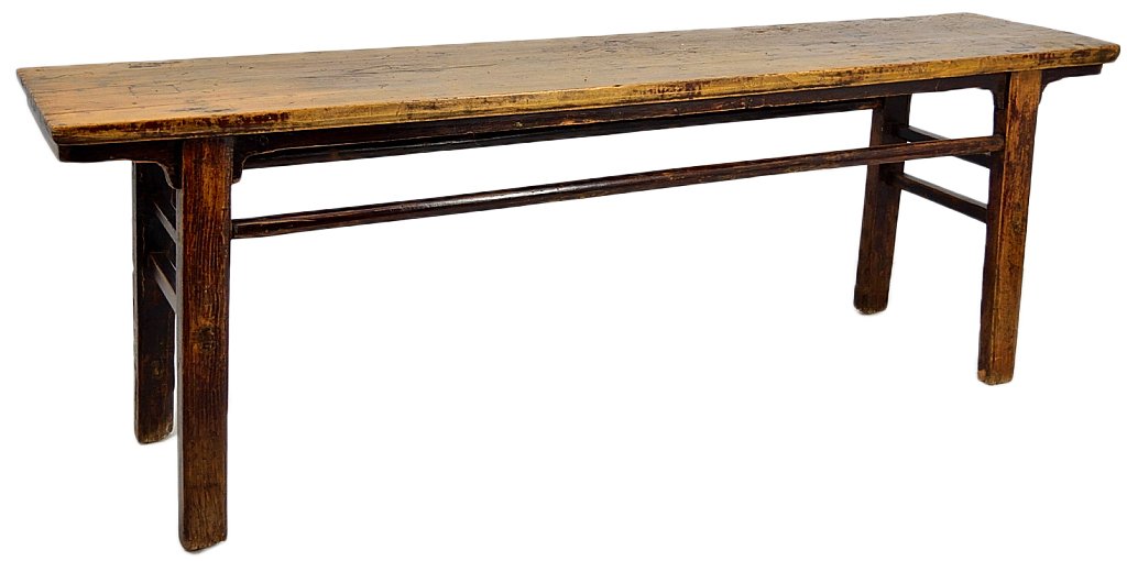 ANTIQUE CHINESE STYLE ELM ALTER TABLE: ANTIQUE CHINESE STYLE ELM ALTER TABLE 19th Century A fine old elm alter table with mortise and tenon construction, high and low stretchers and beautifully aged patina. 33 x 96 x 21 inches
