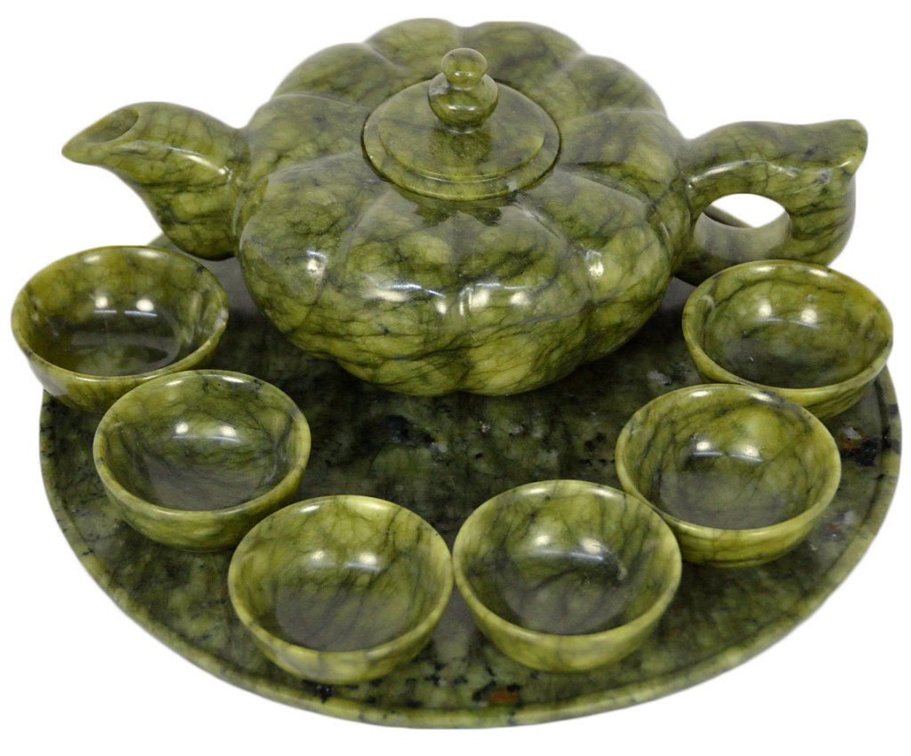 13 A VINTAGE CHINESE CARVED SPINACH JADE TEA SET
