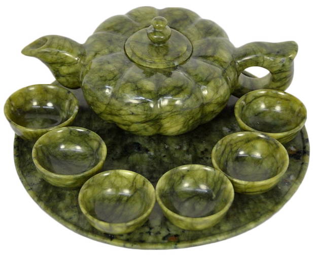 A Vintage Chinese Carved Spinach Jade Tea Set
