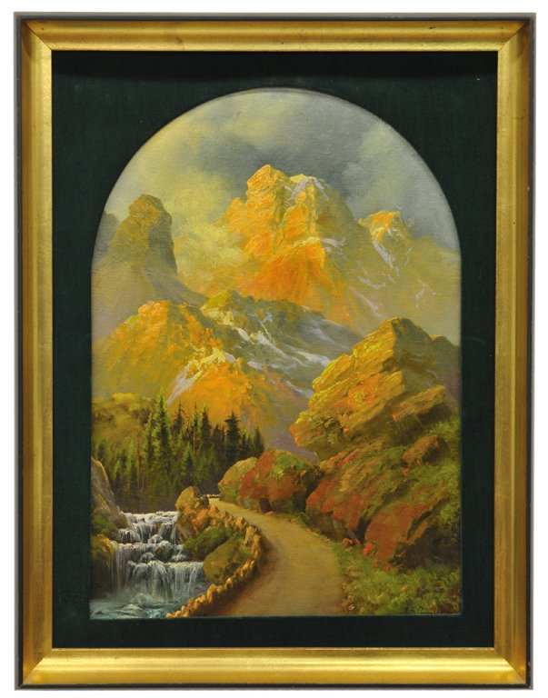 A.D. GREER (American 1904 - 1998): A.D. GREER (American 1904 - 1998) ""MOUNTAINS AND RIVER"" 20th Century Oil on canvas board, signed lower right A. D. Greer. Condition; Good. 22 x 15 inches