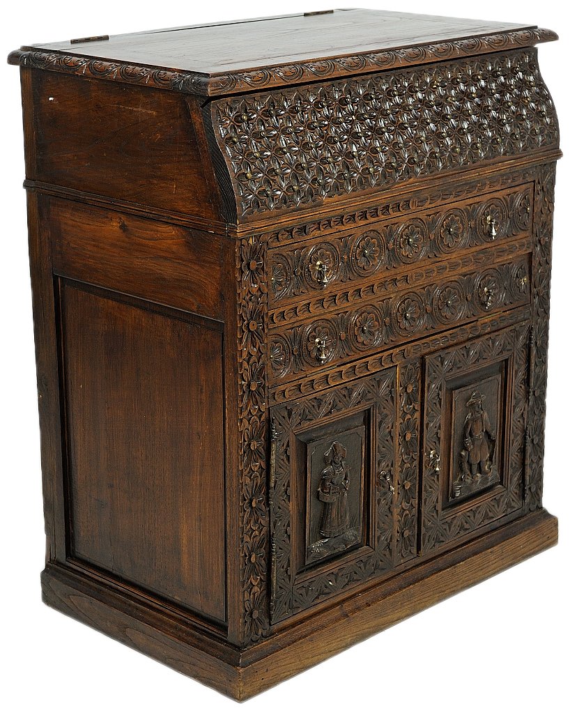 FRENCH BRITTANY STYLE HAND CARVED OAK DRESSING CHE: FRENCH BRITTANY STYLE HAND CARVED OAK DRESSING CHEST 19th Century The heavily carved façade features one drawer and a drop front faux drawer, with space for a pull out tray. The top lifts up and fold