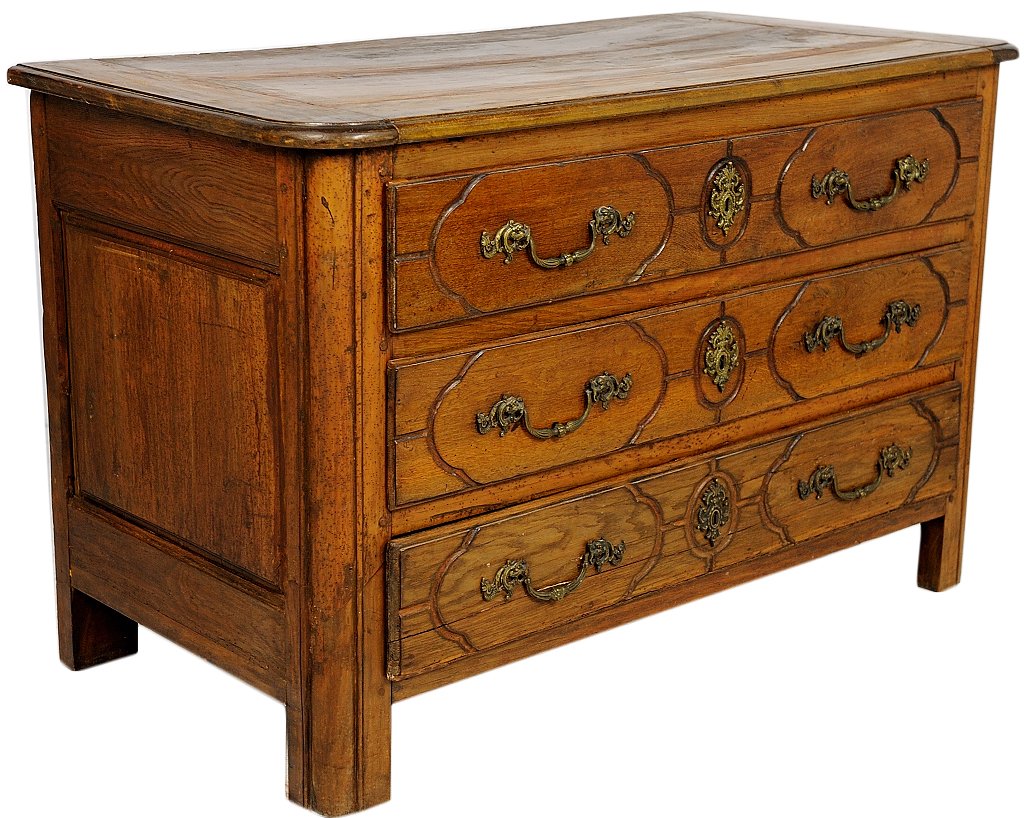 LOUIS XV STYLE WALNUT COMMODE: LOUIS XV STYLE WALNUT COMMODE 18th Century Pegged construction, incise carved drawer fronts with bronze hardware. 32 x 51 x 25½ inches