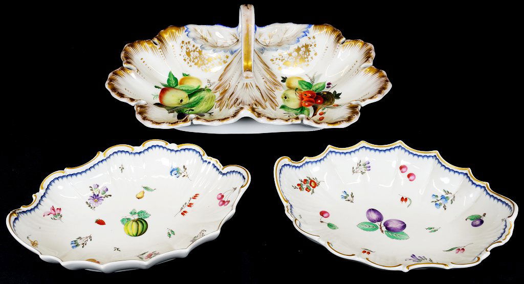 THREE FRUIT DECORATED AND GILDED PORCELAIN SERVING: THREE FRUIT DECORATED AND GILDED PORCELAIN SERVING DISHES 19th and 20th Centuries Including a large KPM Berlin two-part handled dish with ruffled edge, marked in blue on underside; and two smaller Ric