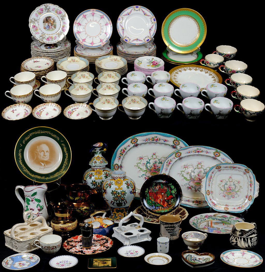 A MIXED LOT OF 108 CERAMIC TABLE PIECES: A MIXED LOT OF 108 CERAMIC TABLE PIECES Including 3 cup-and-saucer sets (6 Noritake cups with 11 saucers, 9/9 Spode, 4/6 Royal Worcester plus 5 demitasse saucers), 9 cups (6 Royal Cauldon, 3 miscellan