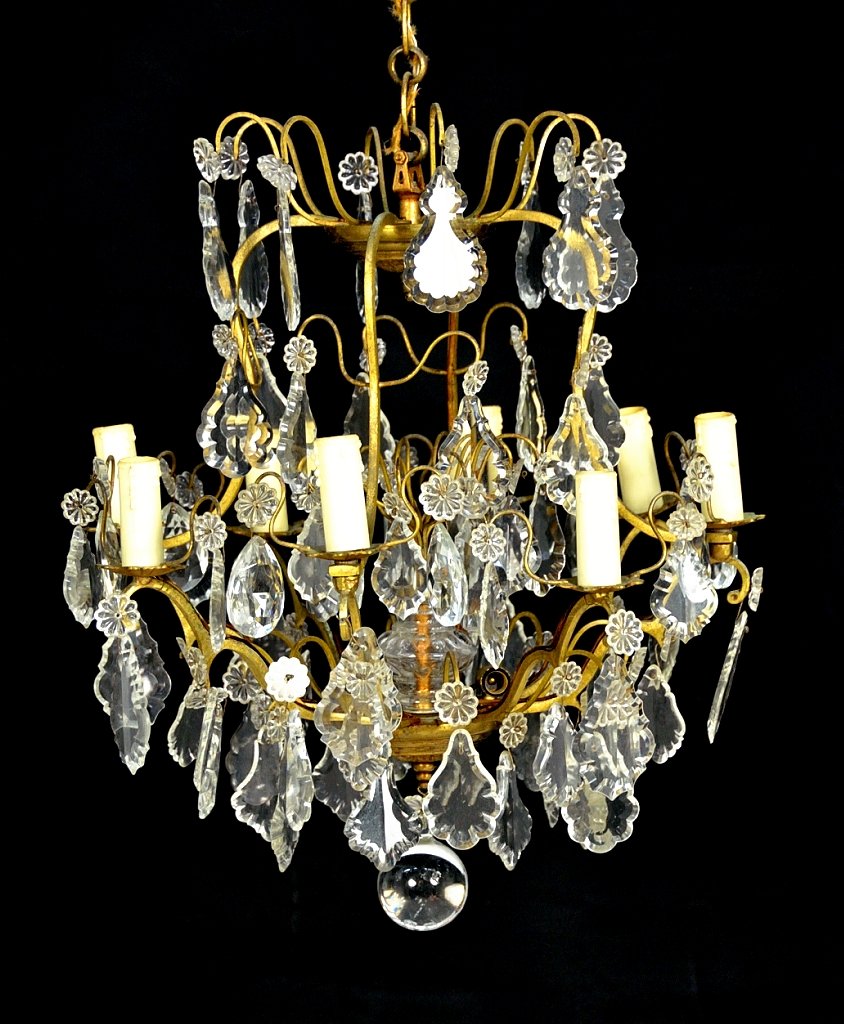 LOUIS XV STYLE 10-LIGHT BRONZE DORE AND CRYSTAL CH: LOUIS XV STYLE 10-LIGHT BRONZE DORE AND CRYSTAL CHANDELIER Mid 20th Century A good Louis XV ""bird cage"" fixture in gilt bronze, french wired. Dressed with glass rosettes, large pear and specialty cu