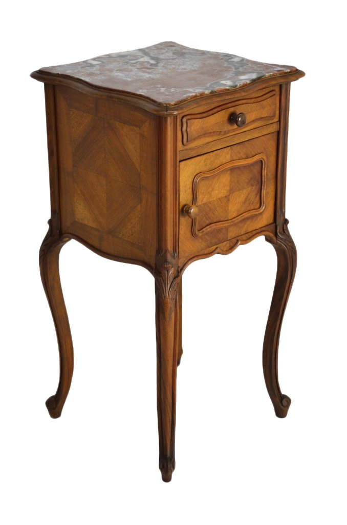 LOUIS XV STYLE WALNUT LAMP TABLE: LOUIS XV STYLE WALNUT LAMP TABLE 19th Century A single drawer and drawer box cabinet with scalloped apron, raised panels and a grey varigated rouge marble top raised on cabriole legs. 33½ x 16½ x 16