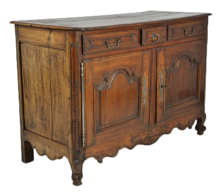 18TH CENTURY LOUIS XV STYLE WALNUT BUFFET: 18TH CENTURY LOUIS XV STYLE WALNUT BUFFET 18th Century Raised panel doors and drawers with shaped and scalloped apron having carved detail, cabriole feet with iron hardware. 38 x 55½ x 24½ inches