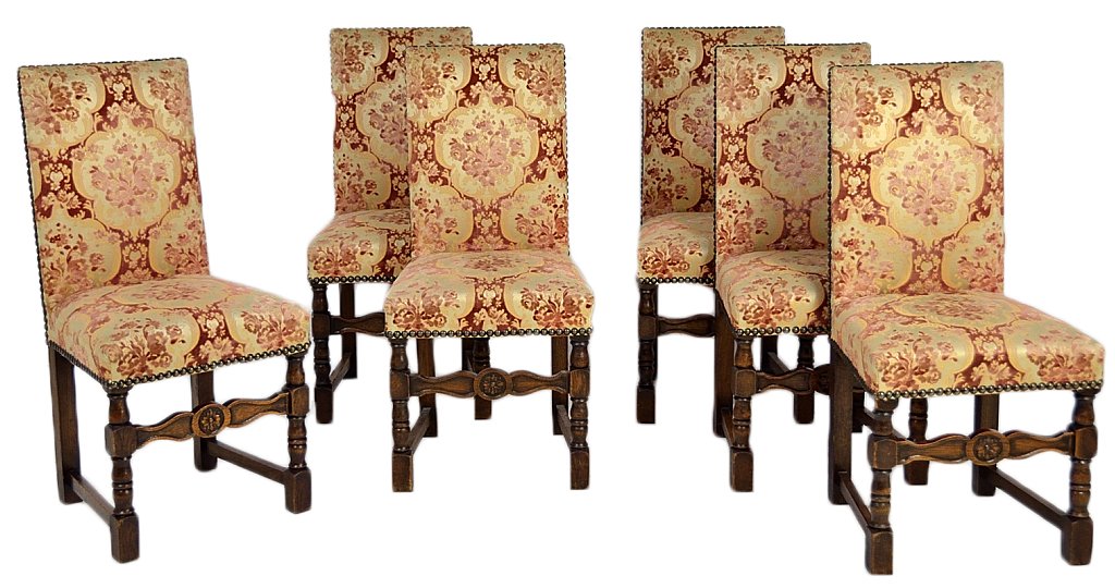 SET OF SIX ANTIQUE FRENCH CUT VELVET SIDE CHAIRS: SET OF SIX ANTIQUE FRENCH CUT VELVET SIDE CHAIRS Late 19th-early 20th Century Walnut frames with turned uprights and carved front stretcher. Recently covered in the beautiful high end velvet tapestery