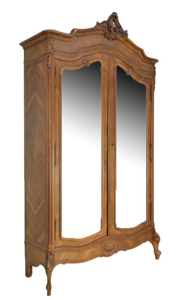 LOUIS XV STYLE WALNUT ARMOIRE: LOUIS XV STYLE WALNUT ARMOIRE 19th Century Beautiful hand carved detail with shaped and scalloped bonnet and conforming mirrored doors. Shapely apron with carved edge detail on cabriole feet. 94½ x 5