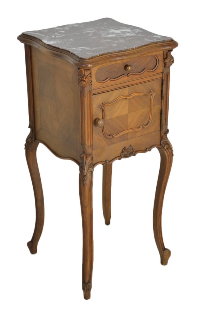 LOUIS XV STYLE LAMP TABLE: LOUIS XV STYLE LAMP TABLE 19th Century A single drawer and drawer box cabinet with scalloped and carved apron, raised panels and a scallop shape inset rouge marble top raised on cabriole legs. 32½ x