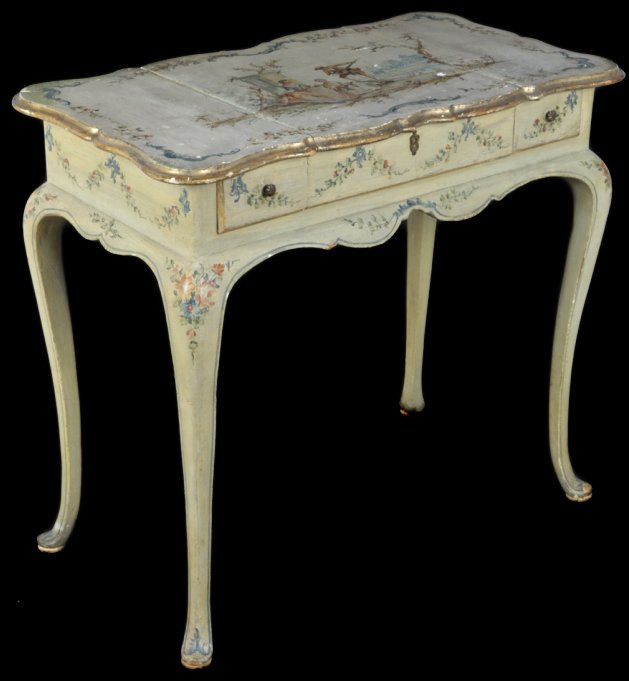 A FRENCH STYLE PAINTED VANITY WITH FLIP TOP: A FRENCH STYLE PAINTED VANITY WITH FLIP TOP 19th Century Hand painted decoration in the French manner with flip top reealing storage space. 28 x 31 1/2 x 17 1/2