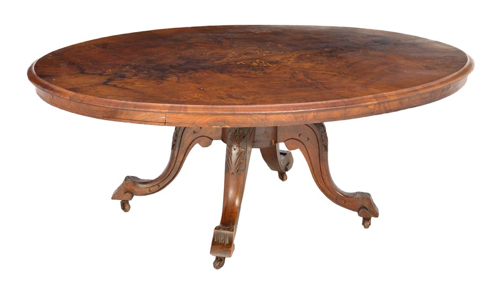 ENGLISH VICTORIAN BREAKFAST TABLE OF BURL WALNUT W: ENGLISH VICTORIAN BREAKFAST TABLE OF BURL WALNUT WITH INLAY 19th Century Converted from a tilt top breakfast table to a coffee table. Beautiful figural burl walnut with marquetry inlays on a four leg 