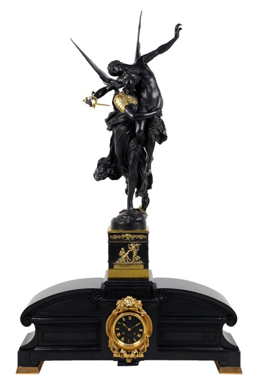 A GLORIA VICTIS BRONZE SCULPTURE AND BLACK MARBLE A: A GLORIA VICTIS BRONZE SCULPTURE AND BLACK MARBLE AND BRONZE DORE BARBEDIENNE CLOCK France, Late 19th Century The patinated bronze sculpture of ""GLORIA VICTIS"" is stamped ""Mercie"" on the base and 