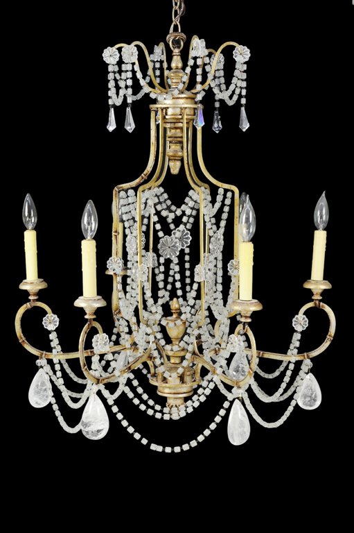 A NIERMANN WEEKS BRINDISI ROCK CRYSTAL SIX LIGHT C: A NIERMANN WEEKS BRINDISI ROCK CRYSTAL SIX LIGHT CHANDELIER America, 20th Century The cylindrical rock crystal beaded swags join the silver gilt ribbed frame from which six scroll candlearms emanate a
