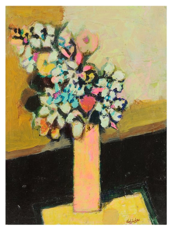 DAVID ADICKES, American (b. 1927 Huntsville, Texas: DAVID ADICKES American (b. 1927 Huntsville, Texas) ""BOUQUET YELLOW VASE YELLOW TABLE"" Oil on canvas mounted on board. Signed lower right. Very good condition. 16 x 12 inches (40.7 x 30.5 cm).