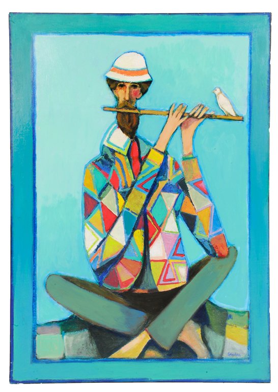 DAVID ADICKES, American (b. 1927 Huntsville, Texas: DAVID ADICKES American (b. 1927 Huntsville, Texas) ""HARLEQUIN FLUTIST"" Mixed media (enhanced giclee and acrylic) on canvas mounted on board. Unframed. Signed lower right Adickes. Overall good condit