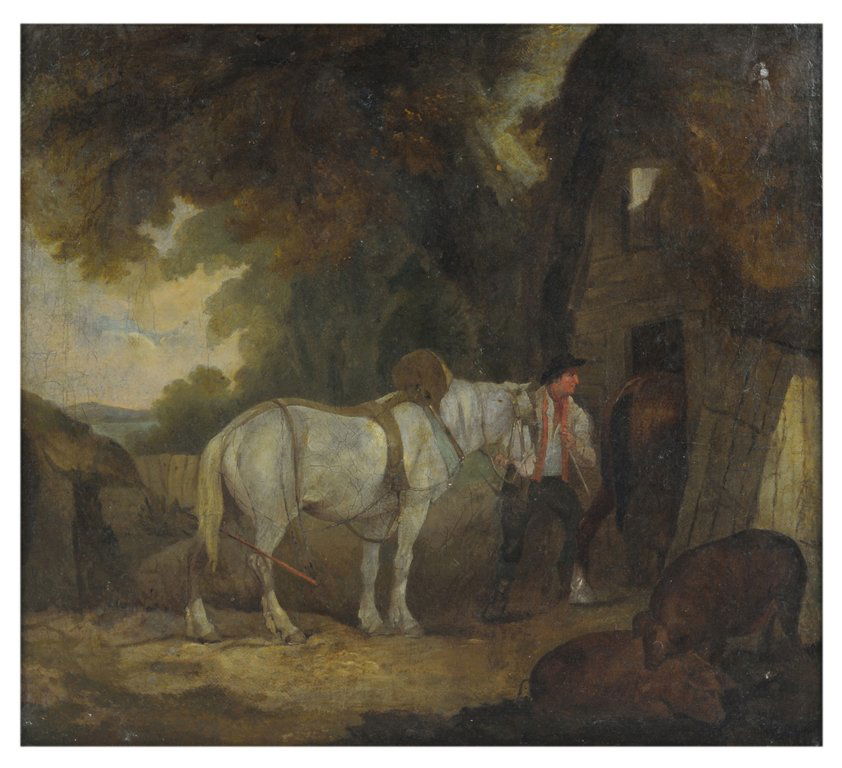 GEORGE MARLAND (JAMES WARD) (follower), 19th Centu: GEORGE MARLAND (JAMES WARD) (follower) 19th Century Pre-Victorian ""GREY HORSE WITH GROOMER"" Oil on Canvas. Craquelure commensurate with age. Good condition. 18 x 20½ inches (46 x 50 cm).