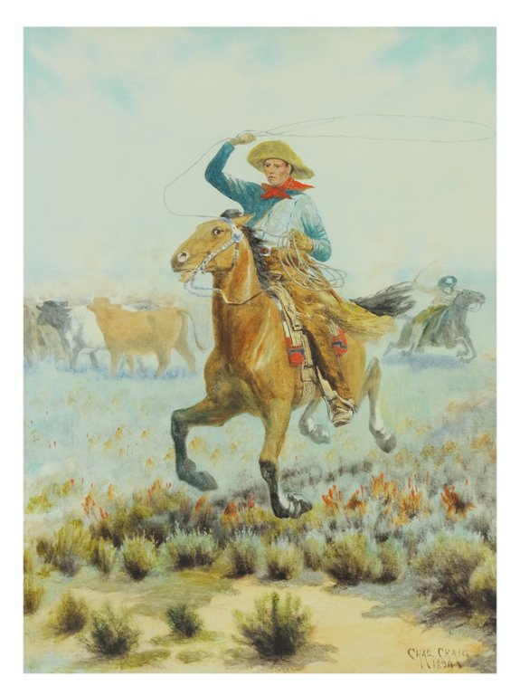 CHARLES CRAIG, American, (1846-1931), "COWBOY WITH: CHARLES CRAIG American, (1846-1931) ""COWBOY WITH LASSO"" Mixed media on carton. Signed Charles Craig, 1891. Very good condition. Framed under glass. 19 x 14 inches (48.3 x 35.6 cm).