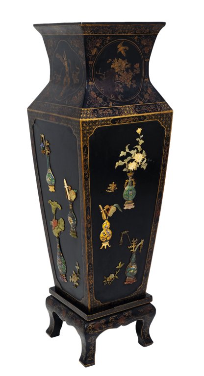 LARGE CHINESE LACQUERED AN INLAID SQUARE VASE ON S: LARGE CHINESE LACQUERED AN INLAID SQUARE VASE ON STAND 20th Century The everted lip and square section neck are adorned with hand painted gilt fretwork on a black lacquered ground with still life rese
