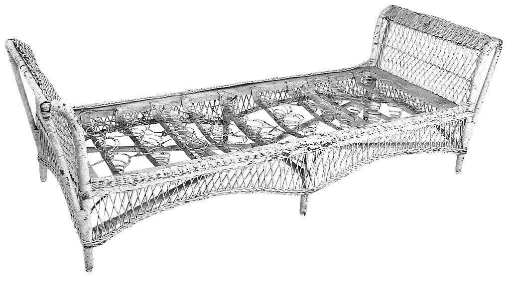 ANTIQUE PAINTED WICKER DAYBED: ANTIQUE PAINTED WICKER DAYBED 1st quarter 20th Century With scroll ends, fitted with original springs. 26 x 80 x 30 inches