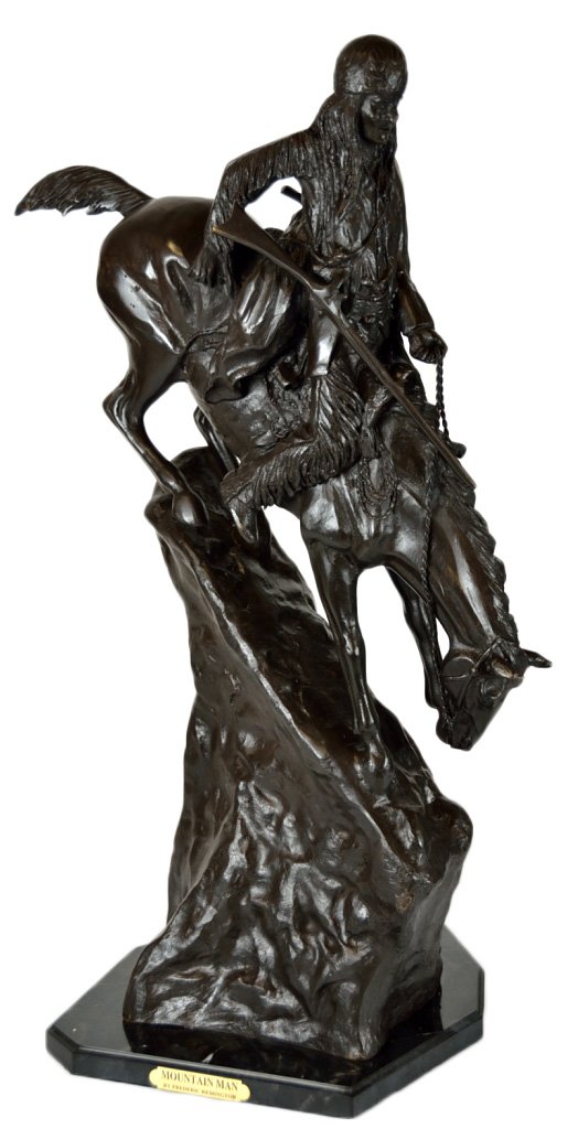 A PATINATED BRONZE SCULPTURE OF “THE MOUNTAIN MAN” : A PATINATED BRONZE SCULPTURE OF “THE MOUNTAIN MAN” AFTER REMINGTON Possibly American, 20th Century The sculpture depicting an Iroquois trapper and his horse gingerly descending a steep mountain in