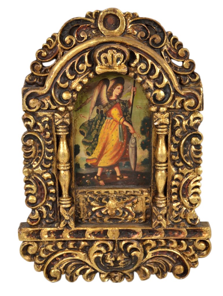 AN ANTIQUE SPANISH COLONIAL CUZCO SCHOOL STYLE PAI: AN ANTIQUE SPANISH COLONIAL CUZCO SCHOOL STYLE PAINTING Possibly 19th Century The oil-on-panel painting depicting an angel carrying a fish, probably referring to the story of Tobias; with gilded detai
