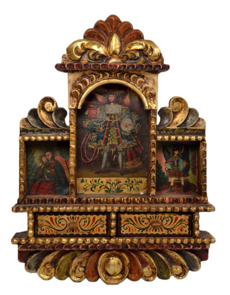 AN ANTIQUE THREE-PART NICHO WITH SPANISH COLONIAL : AN ANTIQUE THREE-PART NICHO WITH SPANISH COLONIAL CUZCO SCHOOL STYLE PAINTINGS Possibly 19th Century The elaborate gilded and painted carved wood nicho having a large arched central section flanked by