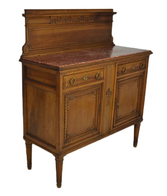 CONTINENTAL STYLE OAK SIDEBOARD WITH ROUGE MARBLE : CONTINENTAL STYLE OAK SIDEBOARD WITH ROUGE MARBLE TOP Early 20th Century Transitional Louis XVI styling, rectangular case with two drawers over double door storage area, raised on tapered and turned l
