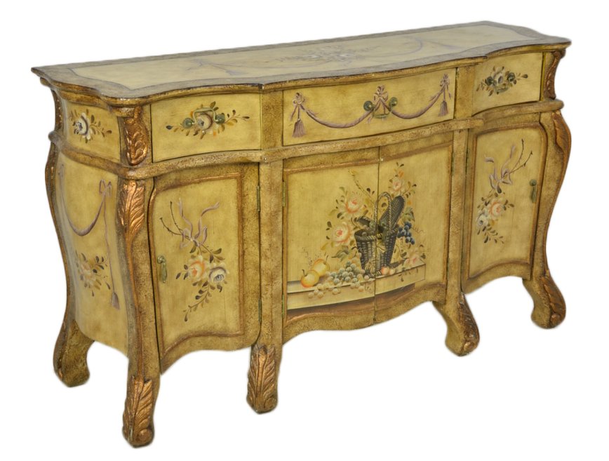 A VENETIAN STYLE HAND PAINTED AND PARTIAL GILT BUF: A VENETIAN STYLE HAND PAINTED AND PARTIAL GILT BUFFET 20th Century Modified bombe’ shape with conforming shaped and scalloped top, hand painted floral bouquets accented by swaging cords adorn the re